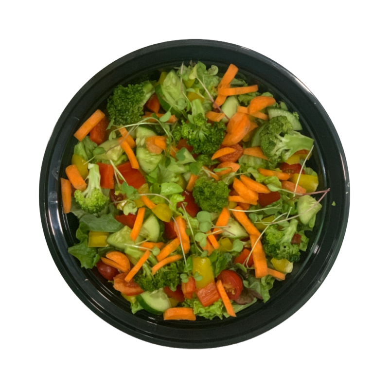 Fresh salad greens, tomatoes, broccolis, jalapeño, carrots, bell peppers, cucumber, basil leaves, and glaze with a drizzle Basil Cilantro Tahini Dressing.